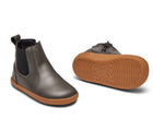 Front and bottom of shoe view of Ten Little Chelsea Boots - Metallic Gray. Available at www.tenlittle.com