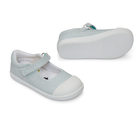 Side and bottom view of high-traction, non-skid outsole - Ten Little Eco Canvas Mary Janes - Blue Seersucker. Available at www.tenlittle.com