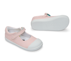 Side and bottom view of high-traction, non-skid outsole - Ten Little Eco Canvas Mary Janes - Pink Seersucker. Available at www.tenlittle.com