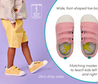 Split view and features of APMA-approved Ten Little Eco Canvas Sneakers - Mellow Yellow and Piggy Pink. Available at www.tenlittle.com