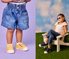 Split view of children wearing Ten Little Eco Canvas Sneakers - Mellow Yellow and Navy Blue. Available at www.tenlittle.com