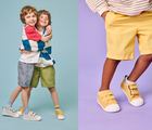 Split view of children wearing Ten Little Eco Canvas Sneakers - Gray Beige and Mellow Yellow. Available at www.tenlittle.com