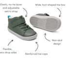 Front and bottom view and features of Ten Little Mid Top Sneakers - Khaki Green. Available at www.tenlittle.com