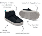 Front and bottom view and features of Ten Little Mid Top Sneakers - Matte Black. Available at www.tenlittle.com