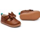 Side, front, and bottom outsole traction view of Ten Little Mini Mary Janes - Caramel Brown. Available at www.tenlittle.com