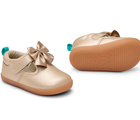 Side, front, and bottom outsole traction view of Ten Little Mini Mary Janes - Champagne Gold. Available at www.tenlittle.com