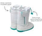 Water resistant insulated upper - extra large velcro closure for easy on and off - Ten Little Snow Boots in White and Teal. Available at www.tenlittle.com