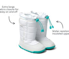 Water resistant insulated upper - extra large velcro closure for easy on and off - Ten Little Snow Boots in White and Teal. Available at www.tenlittle.com