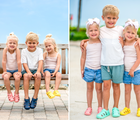 Split view of children wearing Ten Little Splash Sandals at beach. Available from www.tenlittle.com