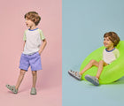 Split view of boy wearing Ten Little Splash Sandals 2 - Pebble Gray. Available at www.tenlittle.com