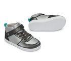Side, front, and bottom outsole view of Ten Little Varsity Mid Tops - Champion Silver. Available at www.tenlittle.com