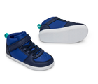 Side, front, and bottom outsole view of Ten Little Varsity Mid Tops - Game Day Blue. Available at www.tenlittle.com