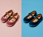Split view of Ten Little Velvet Ballet Flats - Dusty Rose and Sapphire Blue. Available from www.tenlittle.com