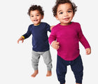 Babies wearing Primary Baby French Terry Jogger in Heather Gray and Navy. Available at www.tenlittle.com
