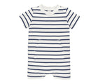 Front view of Primary Baby French Terry Romper - Stripes - Sunwashed Navy Ivory Stripe. Available at www.tenlittle.com