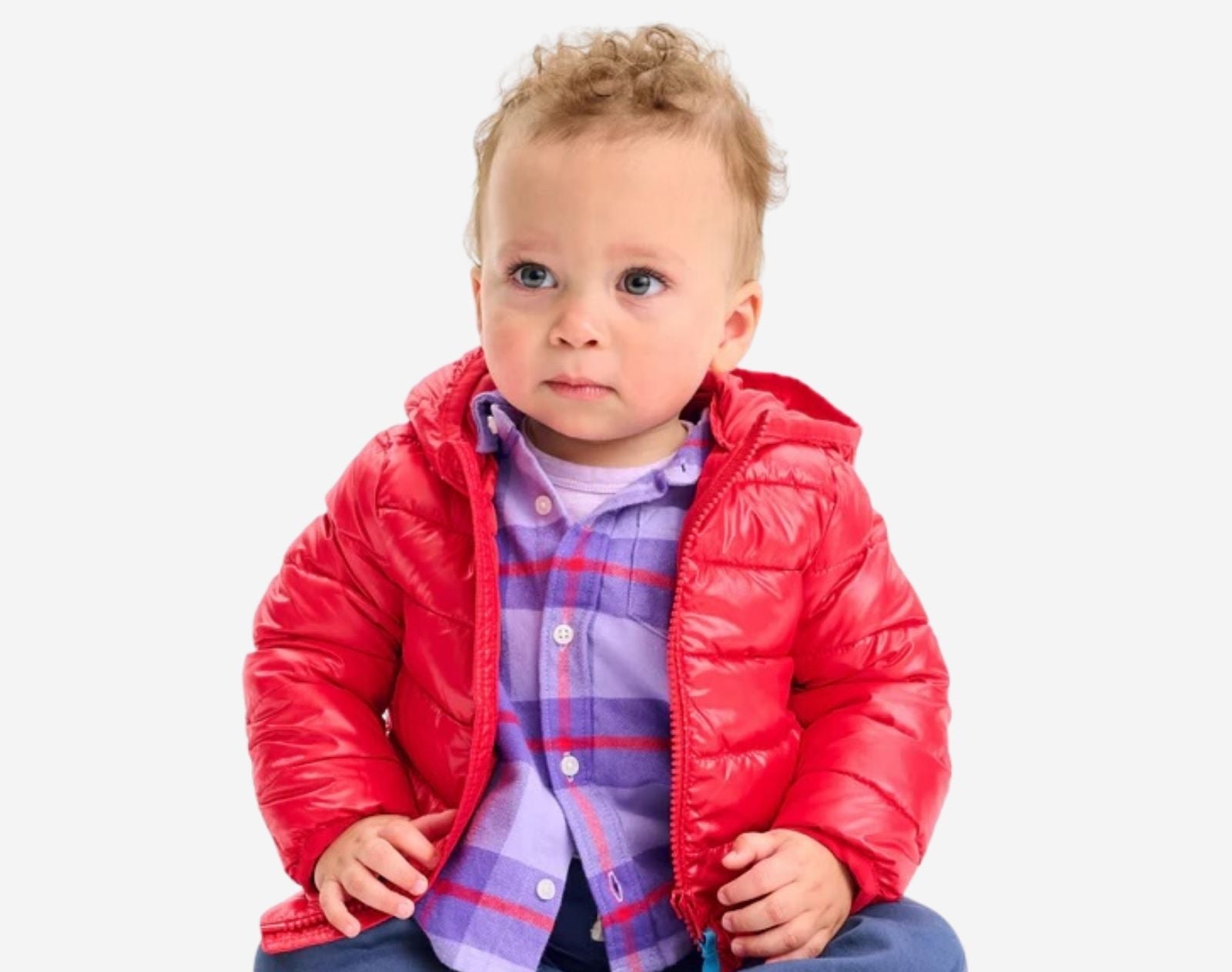 Baby sitting wearing Primary Baby Lightweight Puffer Jacket - Cherry. Available at www.tenlittle.com