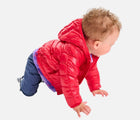 Baby crawling wearing Primary Baby Lightweight Puffer Jacket - Cherry. Available at www.tenlittle.com