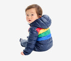 Child sitting wearing Primary - Striped Baby Lightweight Puffer Suit - Navy - Available at www.tenlittle.com