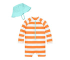 Front view of Primary Baby One-Piece Rash Guard & Hat Set - Cantaloupe White Stripe. Available at www.tenlittle.com