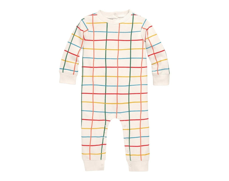 Primary Baby Sweatshirt Romper - Rainbow Grid - Oat / Multi Grid. Available at www.tenlittle.com