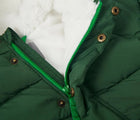 Close up zipper and snaps of Primary - Baby Parka Puffer Suit - Evergreen - Available at www.tenlittle.com