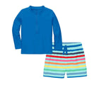 Front view of Primary Baby Rash Guard & Swim Trunks Set - Blueberry Rainbow Stripe. Available at www.tenlittle.com