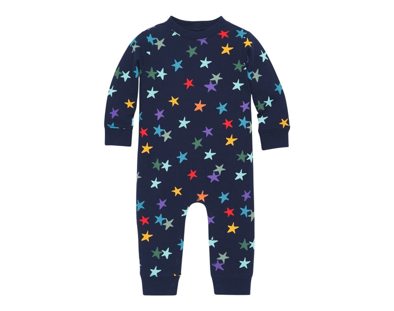 Primary - Rainbow Star Baby Sweatshirt Romper - Navy Confetti Stars - Available at www.tenlittle.com