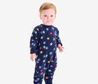 Child wearing Primary - Rainbow Star Baby Sweatshirt Romper - Navy Confetti Stars - Available at www.tenlittle.com