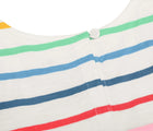 Back button closure of Primary Backyard Dress - Ivory Rainbow Stripe. Available at www.tenlittle.com