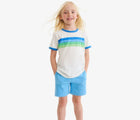 Child wearing Primary Gym Shorts - Cornflower. Available at www.tenlittle.com