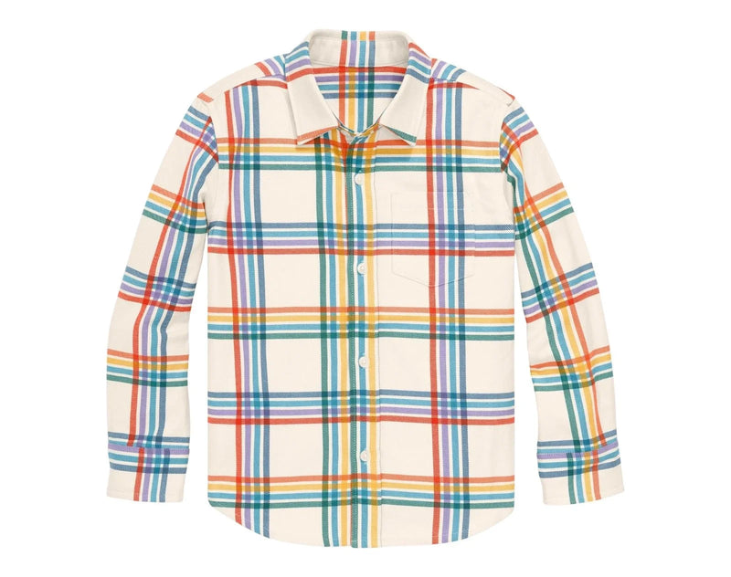 Primary Long Sleeve Button Down - Rainbow Flannel - Marshmallow / Rainbow Plaid. Available at www.tenlittle.com
