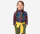Child wearing Primary Long Sleeve Button Down - Rainbow Plaid - Navy / Rainbow Plaid. Available at www.tenlittle.com
