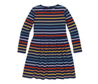 Primary Long Sleeve Pocket Dress - Rainbow Stripe - Navy / Rainbow Stripe. Available at www.tenlittle.com