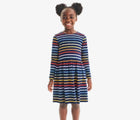 Child wearing Primary Long Sleeve Pocket Dress - Rainbow Stripe - Navy / Rainbow Stripe. Available at www.tenlittle.com