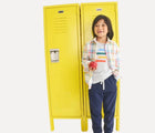 Boy at locker wearing Primary French Terry Sweatpants - Navy. Available at www.tenlittle.com