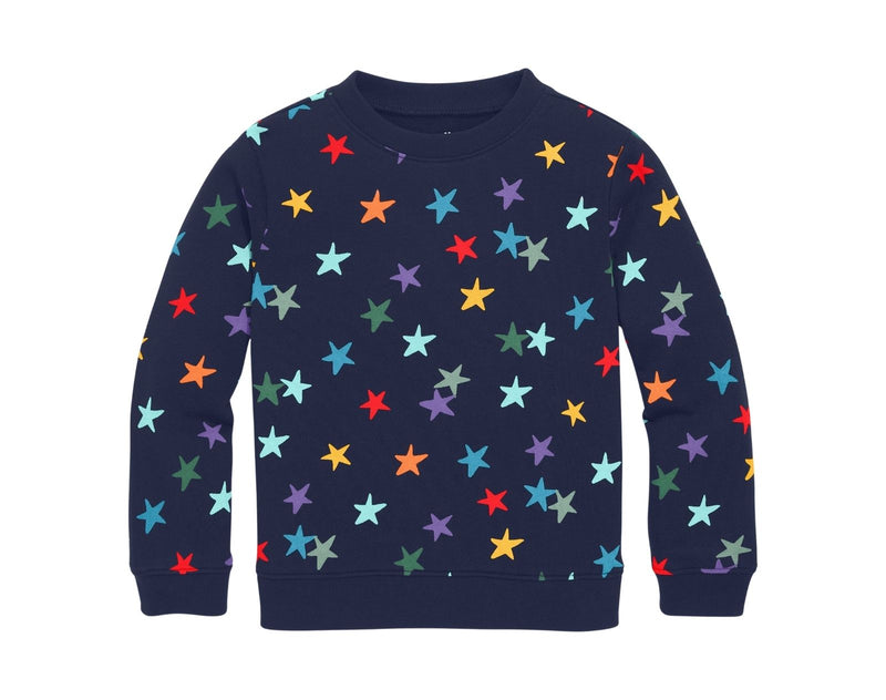 Primary French Terry Sweatshirt - Rainbow Stars - Navy / Confetti Stars. Available at www.tenlittle.com
