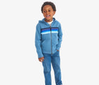 Child wearing Primary French Terry Zip Hoodie - Striped Banner - Moonlight Banner. Available at www.tenlittle.com