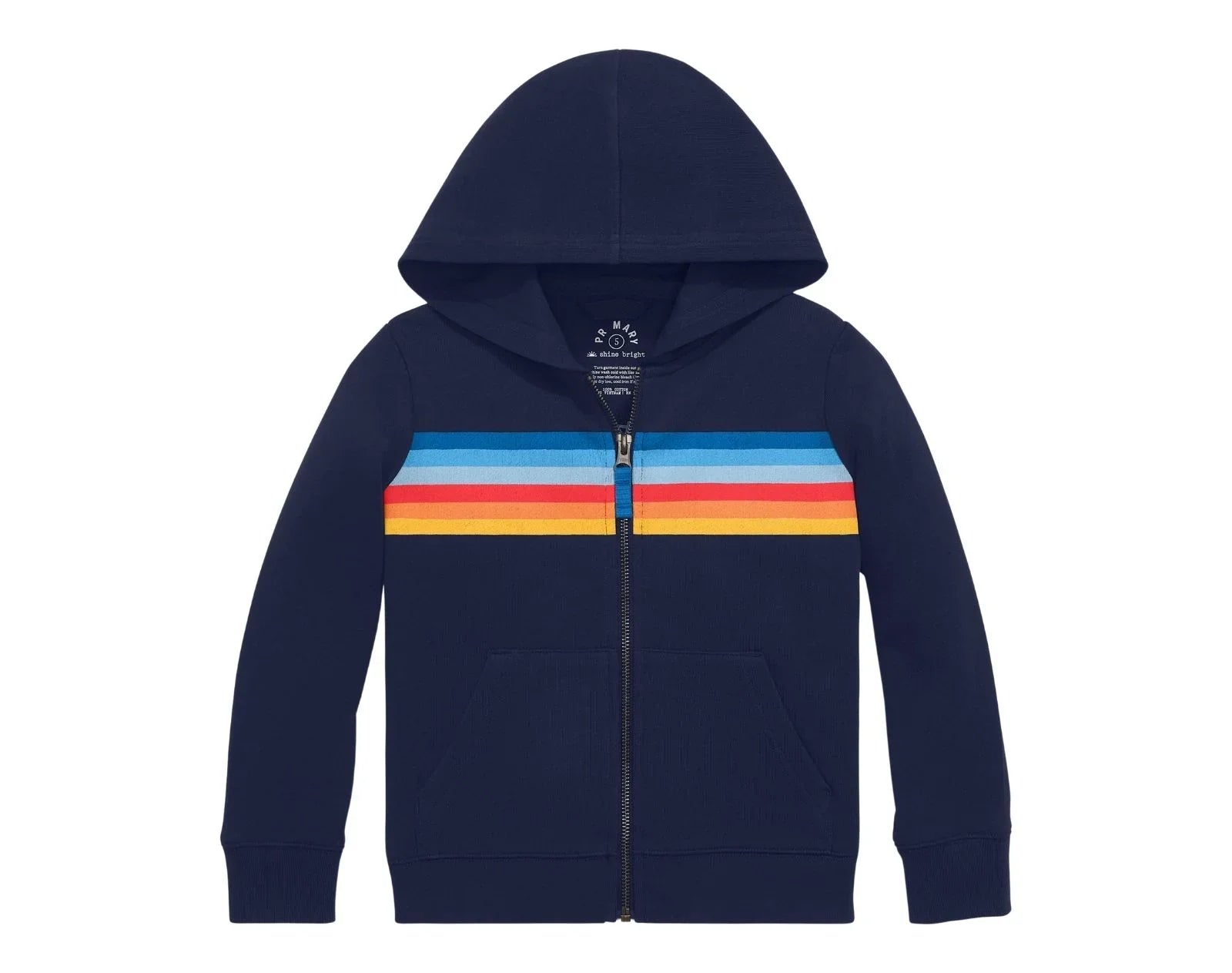 Primary French Terry Zip Hoodie - Striped Banner - Navy Banner. Available at www.tenlittle.com