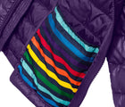 Close up rainbow stipe pocket of Primary - Lightweight Puffer Jacket - Grape - Available at www.tenlittle.com