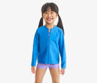 Child wearing Primary Long Sleeve Full-Zip Rash Guard - Blueberry. Available at www.tenlittle.com