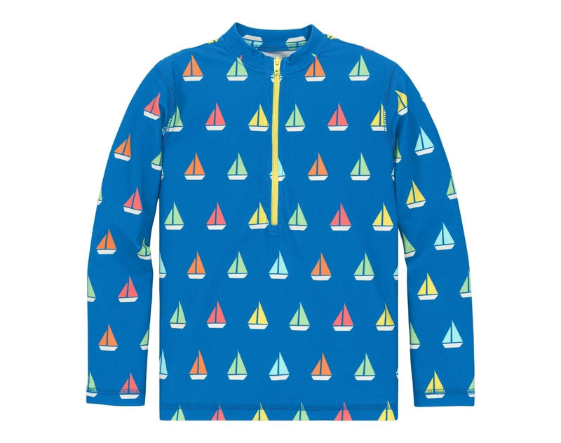 Primary Long Sleeve Half-Zip Rash Guard - Blueberry / Rainbow Boats. Available at www.tenlittle.com