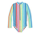 Front view of Primary Long Sleeve One-Piece Rash Guard - Mist Rainbow Stripe. Available at www.tenlittle.com