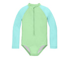 Primary Long Sleeve One-Piece Rash Guard - Pear / Mist. Available at www.tenlittle.com