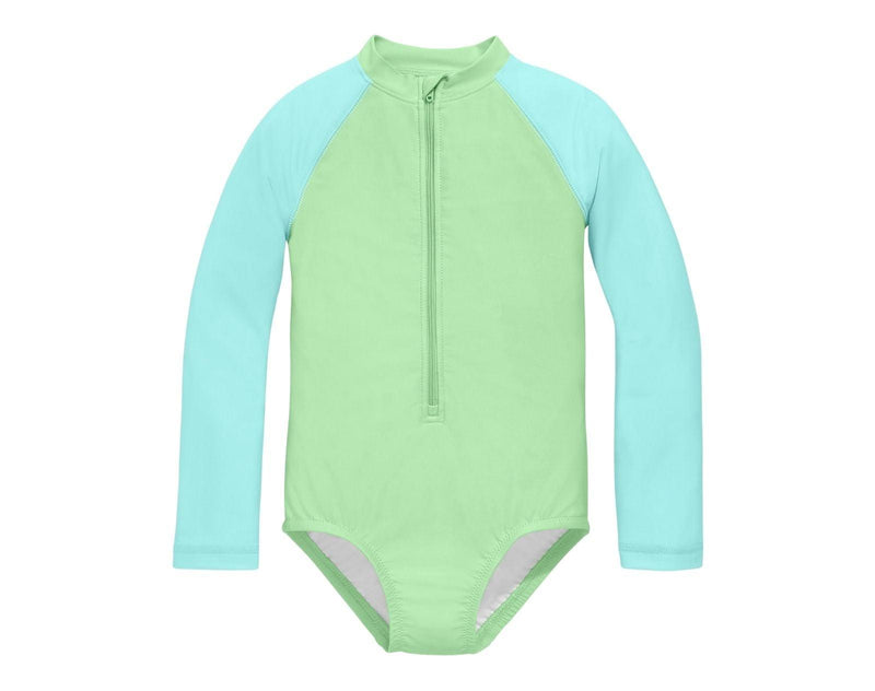 Primary Long Sleeve One-Piece Rash Guard - Pear / Mist. Available at www.tenlittle.com