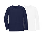 Front view of Primary Long Sleeve Rash Guard - 2 Pack - Navy / White. Available at www.tenlittle.com