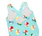 Crossback straps of Primary One-Piece Swimsuit - Mist Beach Balls. Available at www.tenlittle.com