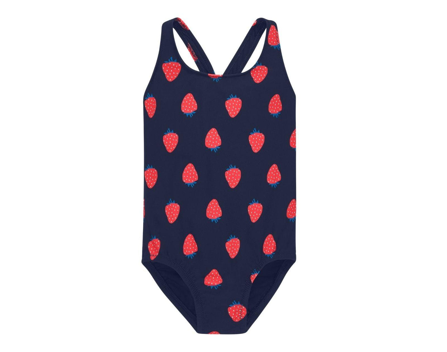 Primary One-Piece Swimsuit - Navy / Strawberries. Available at www.tenlittle.com