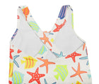 Crossback straps of Primary One-Piece Swimsuit - White Under the Sea. Available at www.tenlittle.com