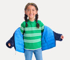 Girl wearing Primary - Reversible Fleece Puffer Jacket - Blueberry/Navy - Available at www.tenlittle.com