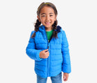 Girl wearing Primary - Reversible Fleece Puffer Jacket - Blueberry/Navy - Available at www.tenlittle.com